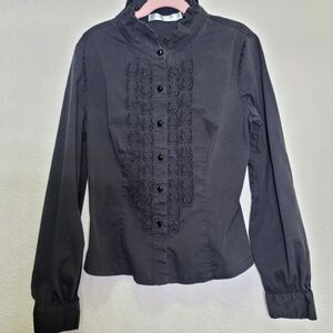 Black Blouse With Front Ruffles And On Neckline Size M But Will Fit Small